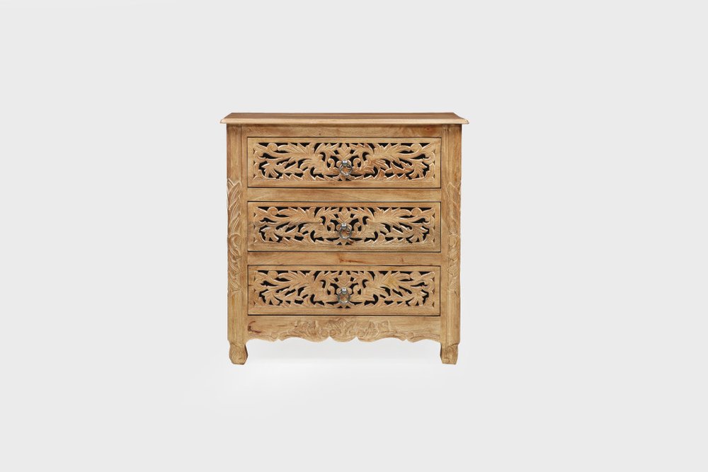 30" Brown Solid Wood Square Distressed Carved Floral Three Drawer Nightstand