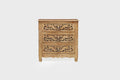 30" Brown Solid Wood Square Distressed Carved Floral Three Drawer Nightstand. Nightstands & bedside table isolated on a plain white background, in a brown wood finish.
