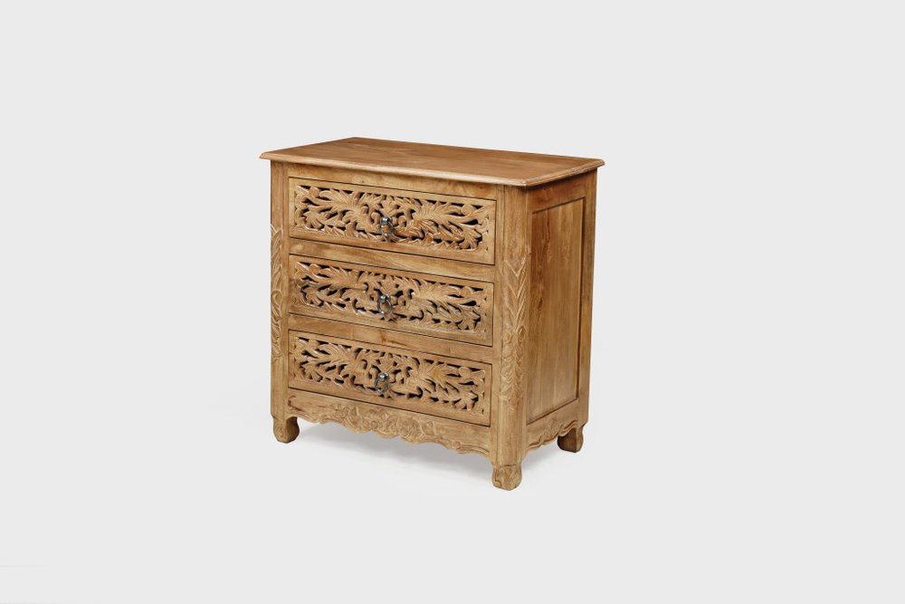 30" Brown Solid Wood Square Distressed Carved Floral Three Drawer Nightstand