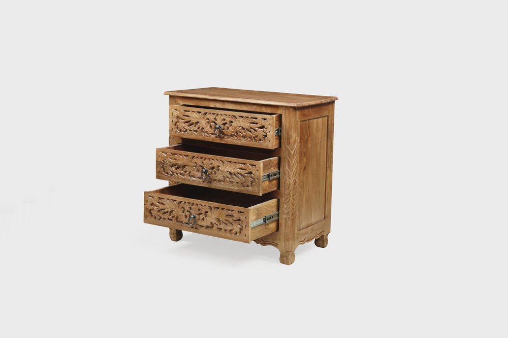 30" Brown Solid Wood Square Distressed Carved Floral Three Drawer Nightstand