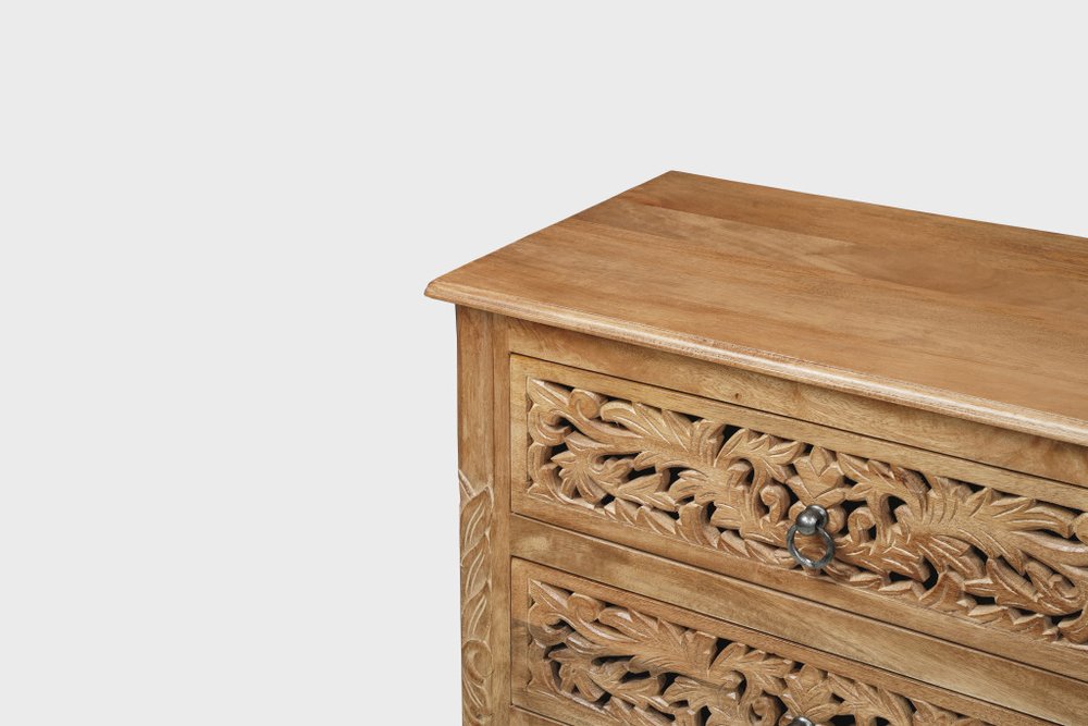 30" Brown Solid Wood Square Distressed Carved Floral Three Drawer Nightstand