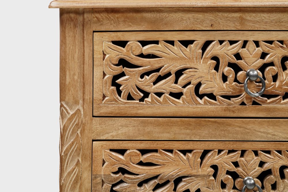 30" Brown Solid Wood Square Distressed Carved Floral Three Drawer Nightstand