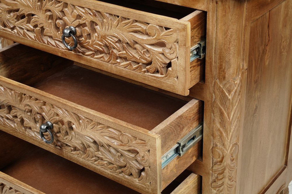 30" Brown Solid Wood Square Distressed Carved Floral Three Drawer Nightstand. Nightstands & bedside table in brown wood.