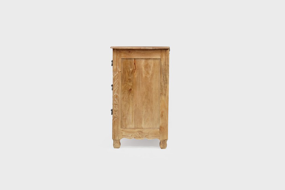 30" Brown Solid Wood Square Distressed Carved Floral Three Drawer Nightstand. Nightstands & bedside table isolated on a plain white background, showing a brown wood surface.