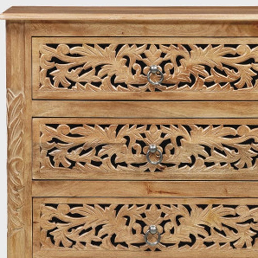 30" Brown Solid Wood Square Distressed Carved Floral Three Drawer Nightstand. Nightstands & bedside table in brown wood.