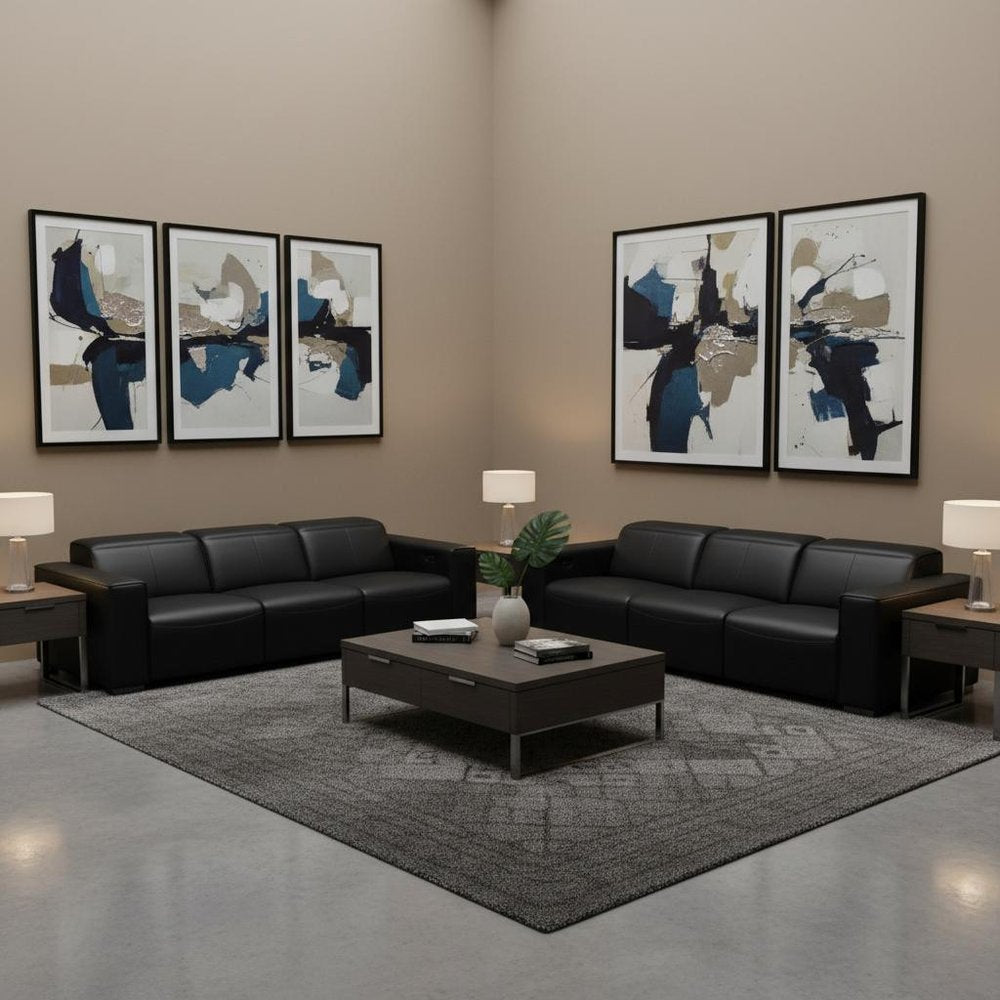 Two Piece Black Genuine Leather Five Person Seating Set