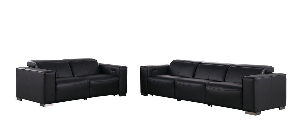 Two Piece Black Genuine Leather Five Person Seating Set