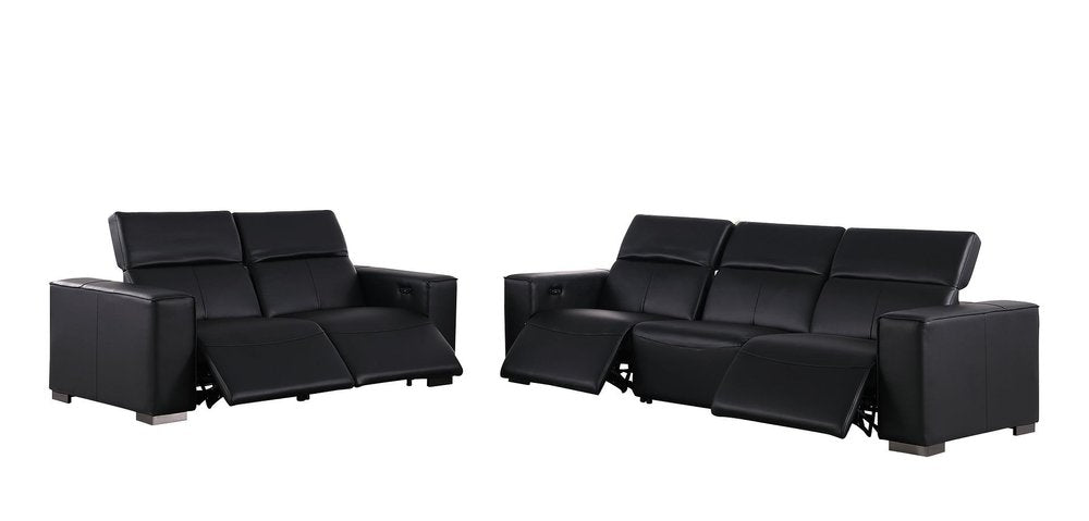 Two Piece Black Genuine Leather Five Person Seating Set