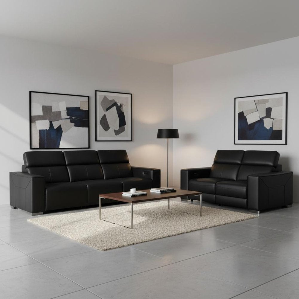 Two Piece Black Genuine Leather Five Person Seating Set