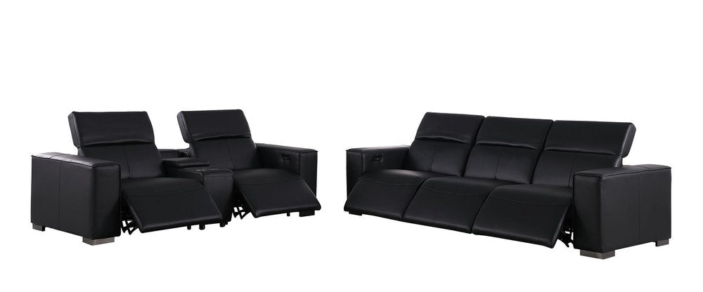 Two Piece Black Genuine Leather Five Person Seating Set