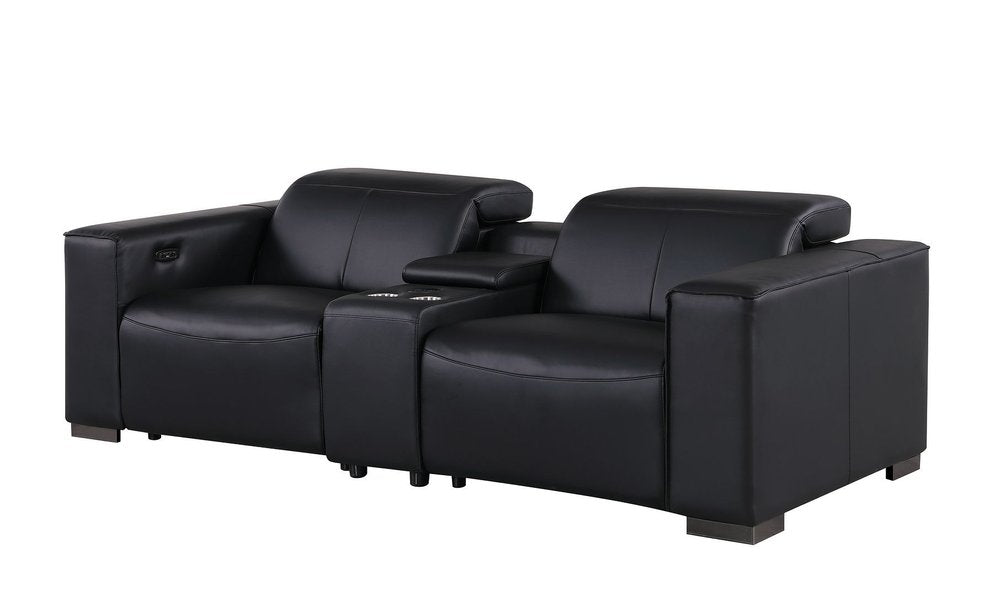 Two Piece Black Genuine Leather Five Person Seating Set