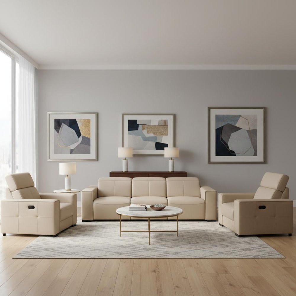 Two Piece Beige Genuine Leather Five Person Seating Set