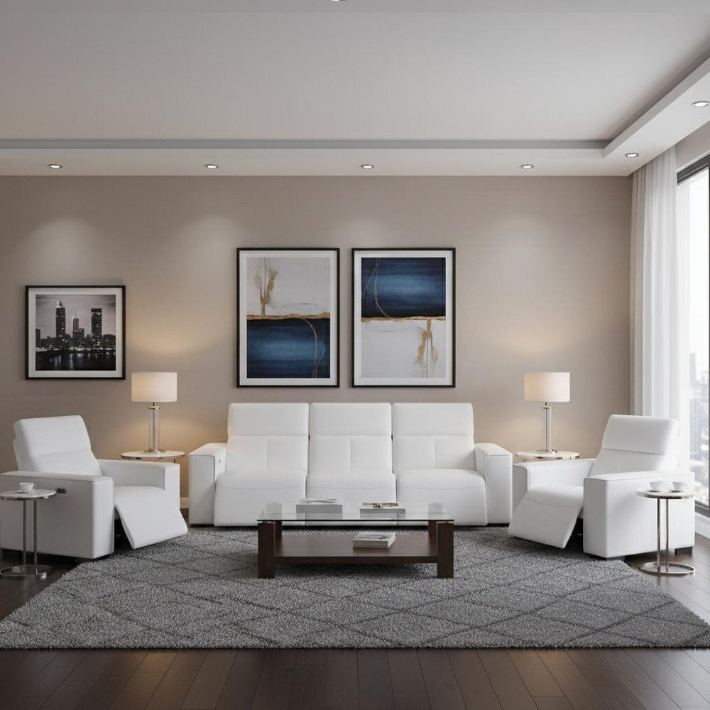 Two Piece White Genuine Leather Five Person Seating Set