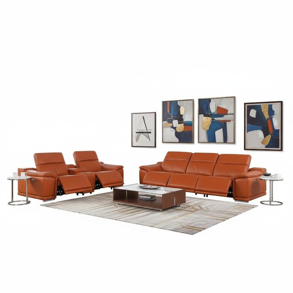 Two Piece Camel Genuine Leather Five Person Seating Set