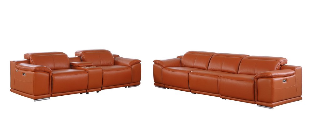 Two Piece Camel Genuine Leather Five Person Seating Set