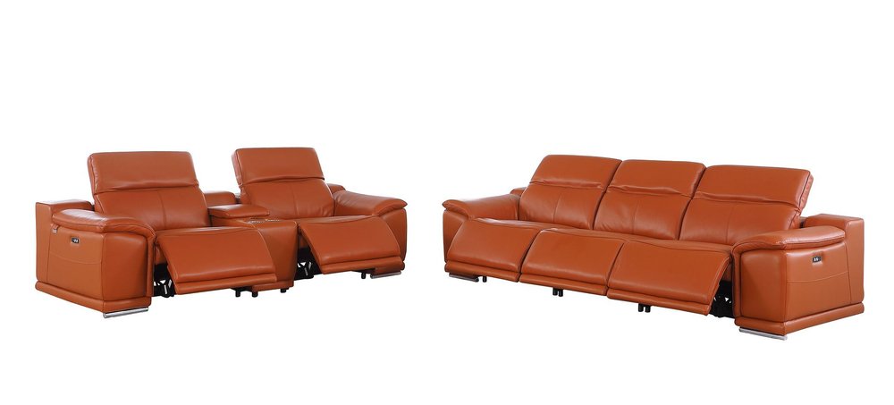 Two Piece Camel Genuine Leather Five Person Seating Set