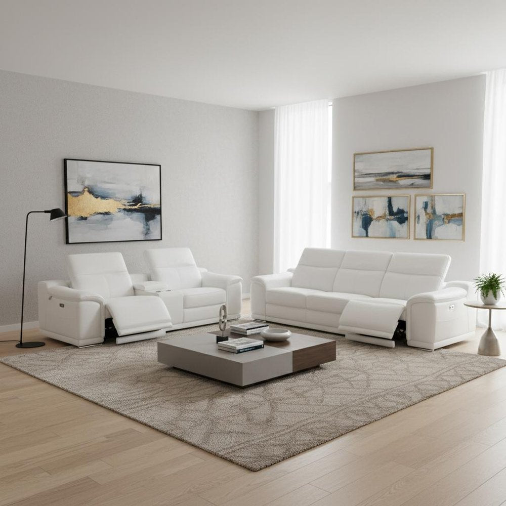 Two Piece White Genuine Leather Five Person Seating Set - 31.00" H x 107.00" W x 41.00" D
