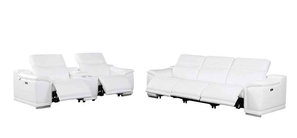 White genuine leather five-person seating set with two recliners and a three-seat sofa on a white background.