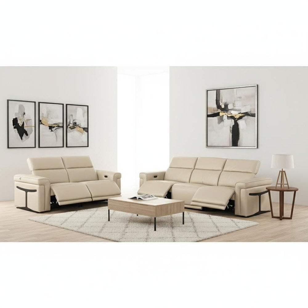 Two Piece Beige Italian Leather Five Person Seating Set