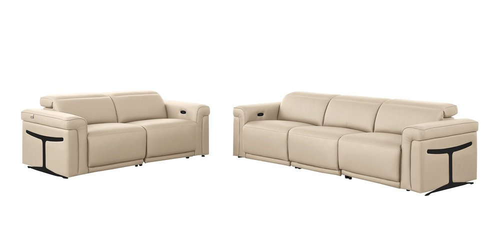 Two Piece Beige Italian Leather Five Person Seating Set