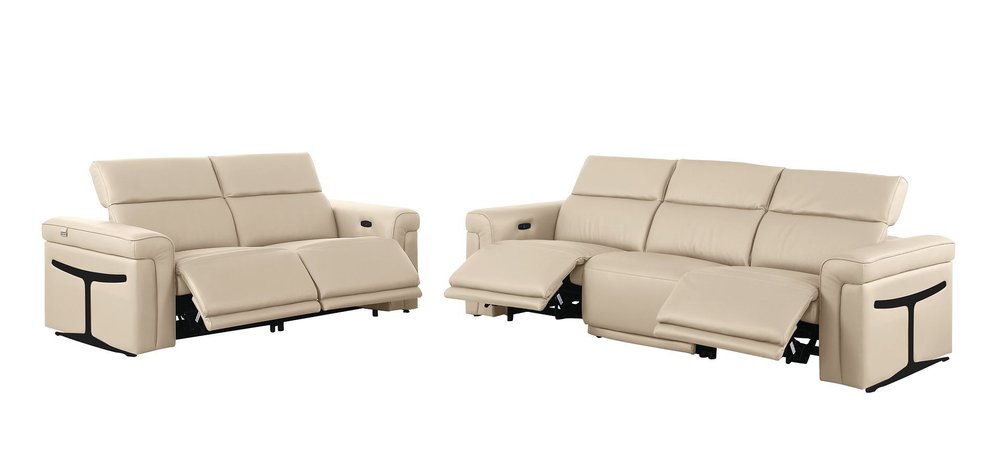 Two Piece Beige Italian Leather Five Person Seating Set