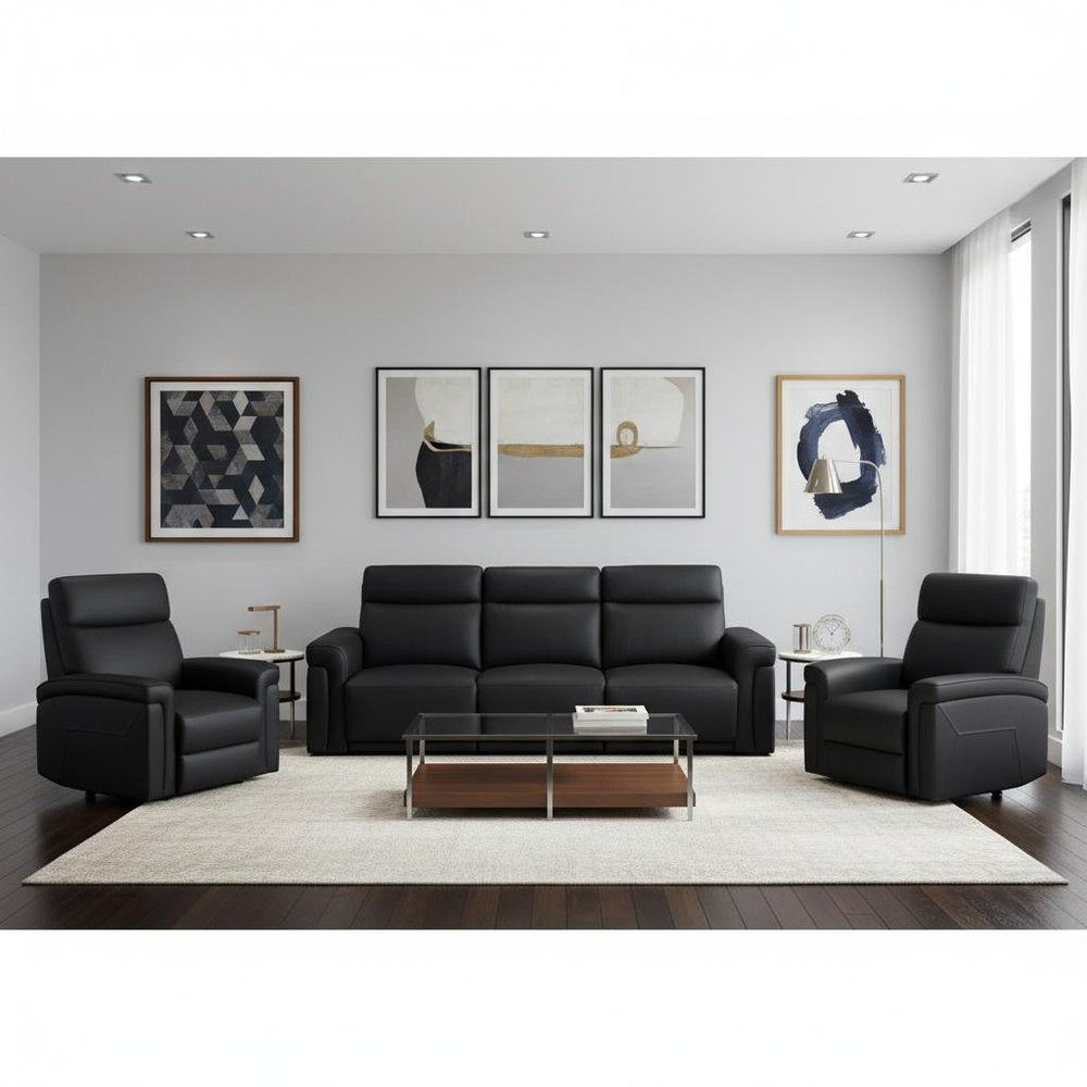 Two Piece Black Italian Leather Five Person Seating Set
