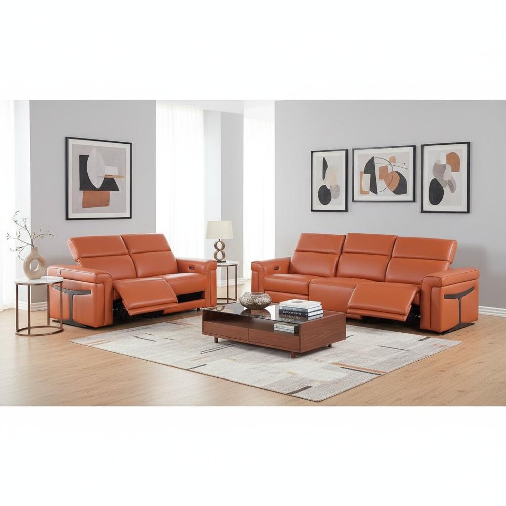 Two Piece Camel Italian Leather Five Person Seating Set