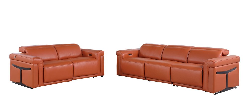 Two Piece Camel Italian Leather Five Person Seating Set