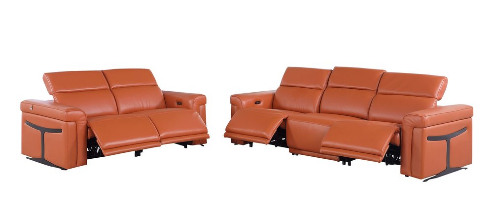 Two Piece Camel Italian Leather Five Person Seating Set