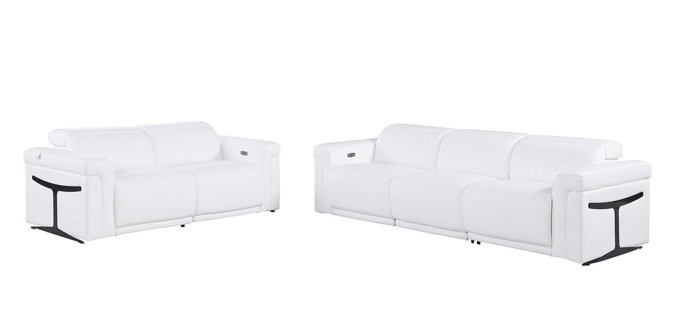 Two white Italian leather five-person seating set with black accents on a white background.