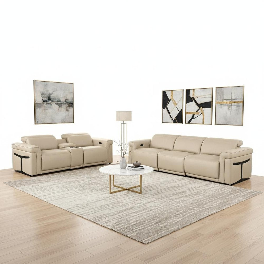 Two Piece Beige Italian Leather Five Person Seating Set