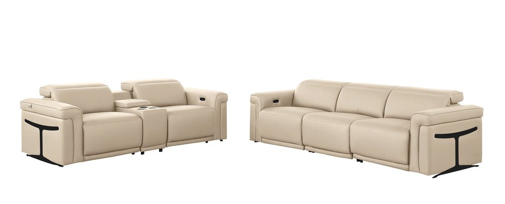 Two Piece Beige Italian Leather Five Person Seating Set