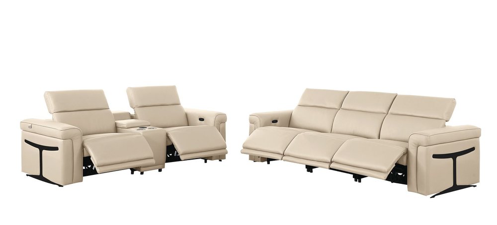 Two Piece Beige Italian Leather Five Person Seating Set