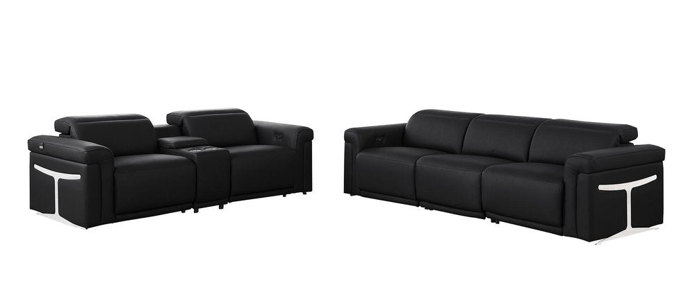 Two Piece Black Italian Leather Five Person Seating Set