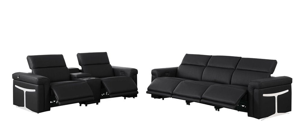 Two Piece Black Italian Leather Five Person Seating Set