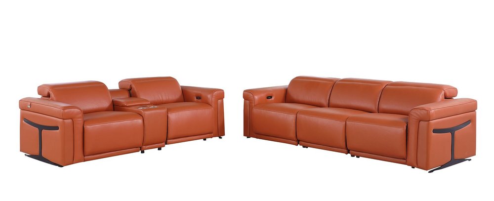 Two Piece Camel Italian Leather Five Person Seating Set