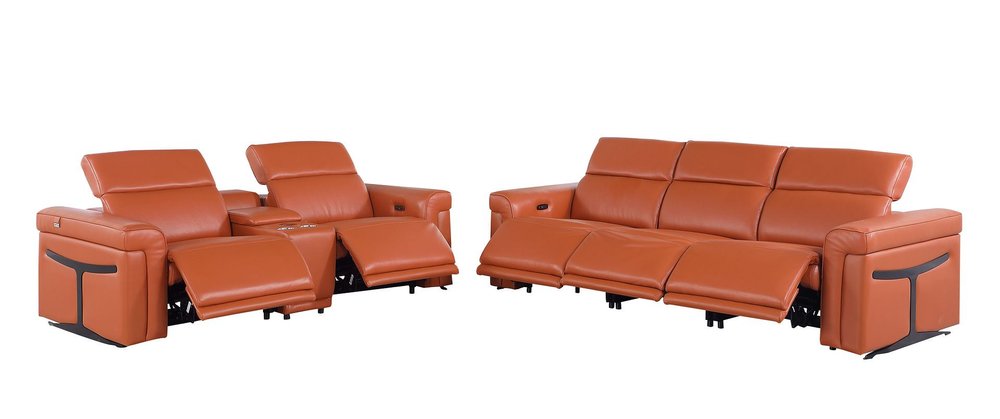 Two Piece Camel Italian Leather Five Person Seating Set