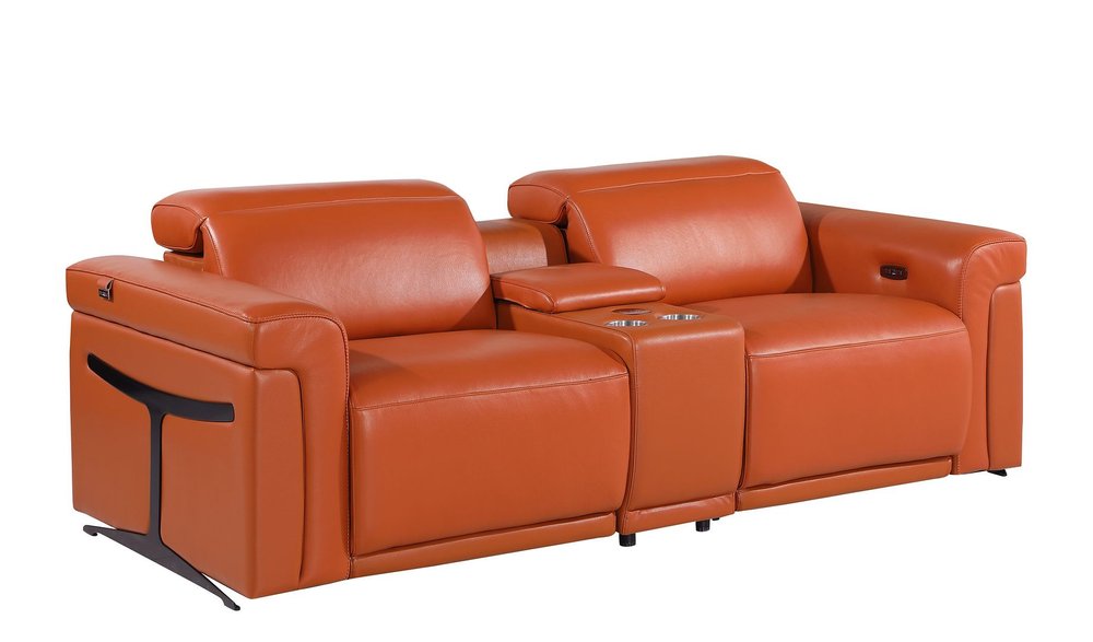 Two Piece Camel Italian Leather Five Person Seating Set
