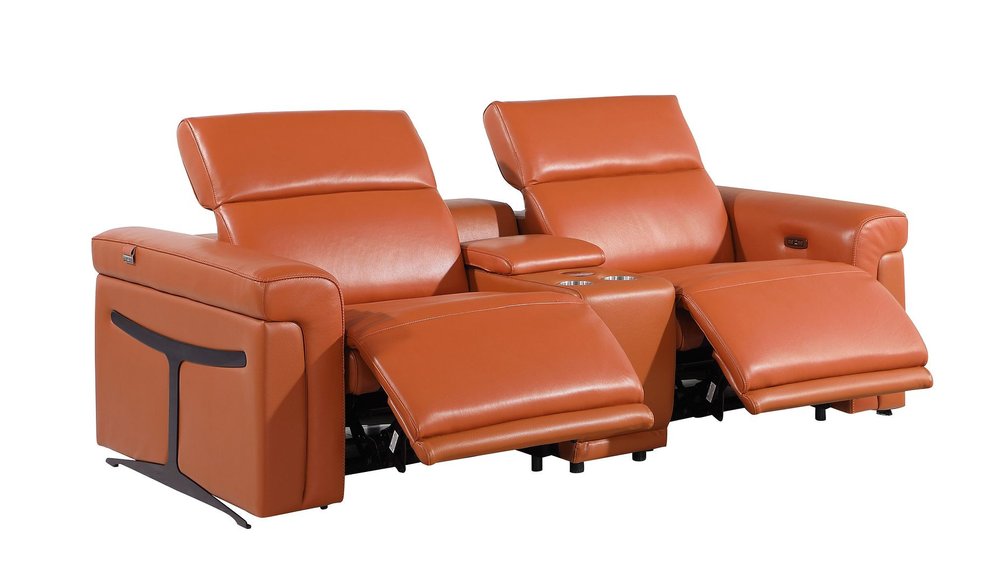 Two Piece Camel Italian Leather Five Person Seating Set