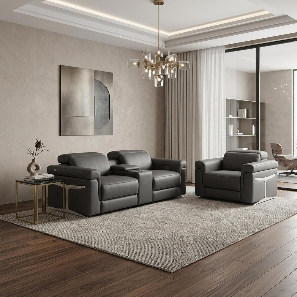 Two Piece Dark Gray Italian Leather Five Person Seating Set