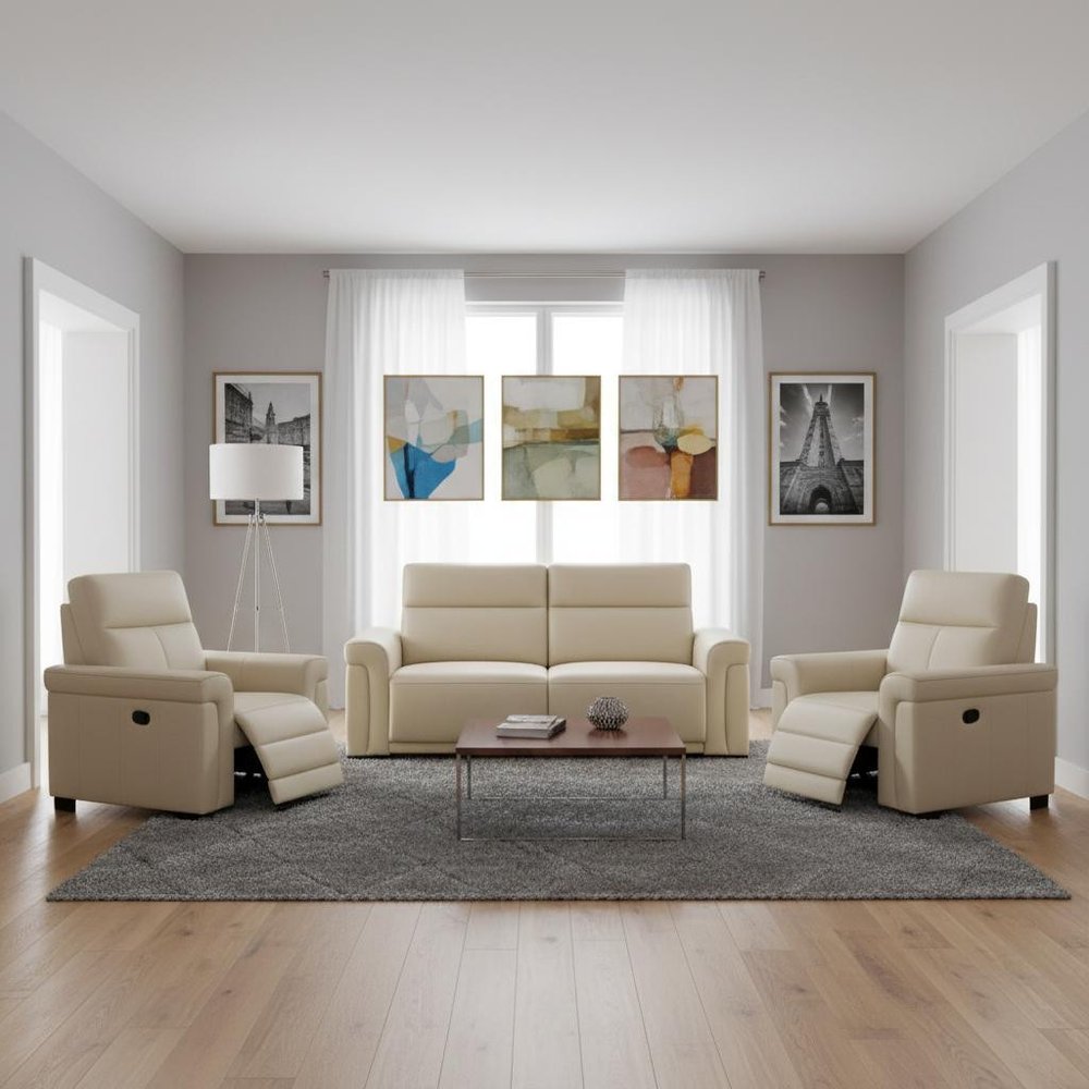Two Piece Beige Italian Leather Five Person Seating Set