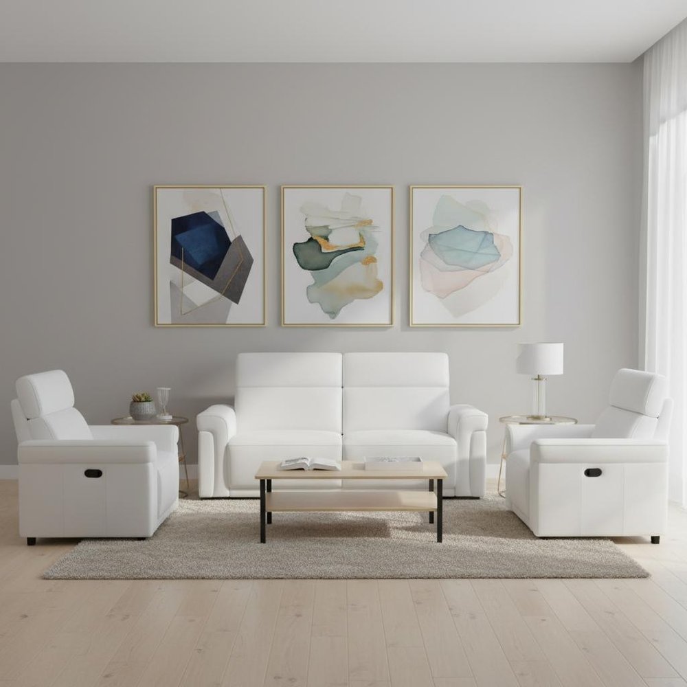 Two Piece White Italian Leather Five Person Seating Set