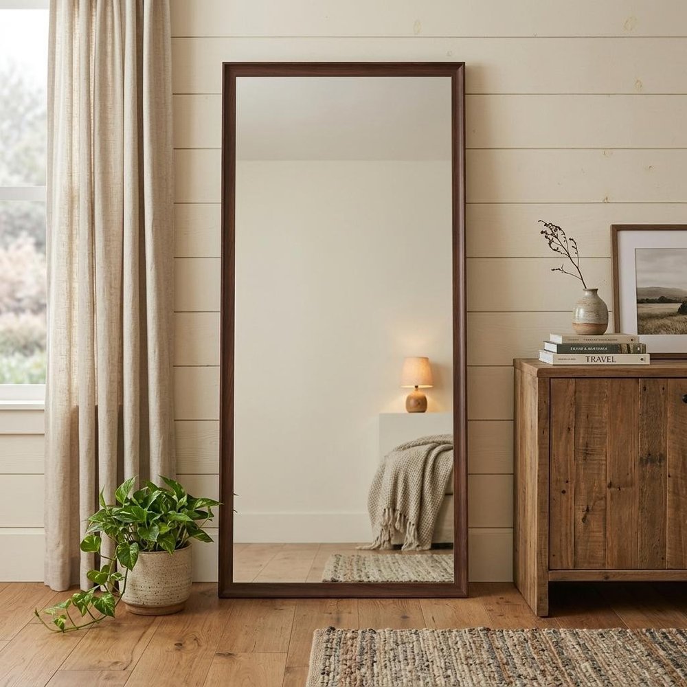 71" Brown Wood Wall Mounted And Leaning Framed Full Length Mirror in a home interior