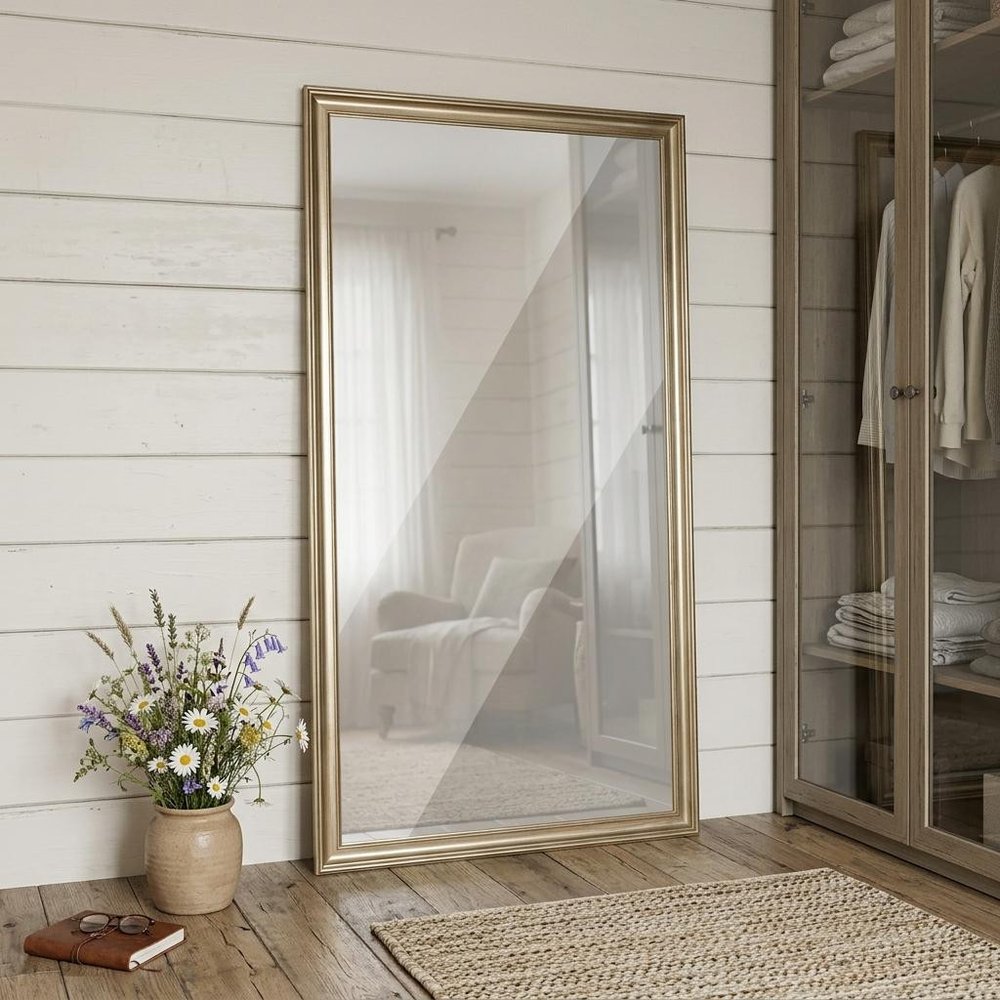 71" Golden Brown Wood Wall Mounted And Leaning Framed Full Length Mirror in a home interior