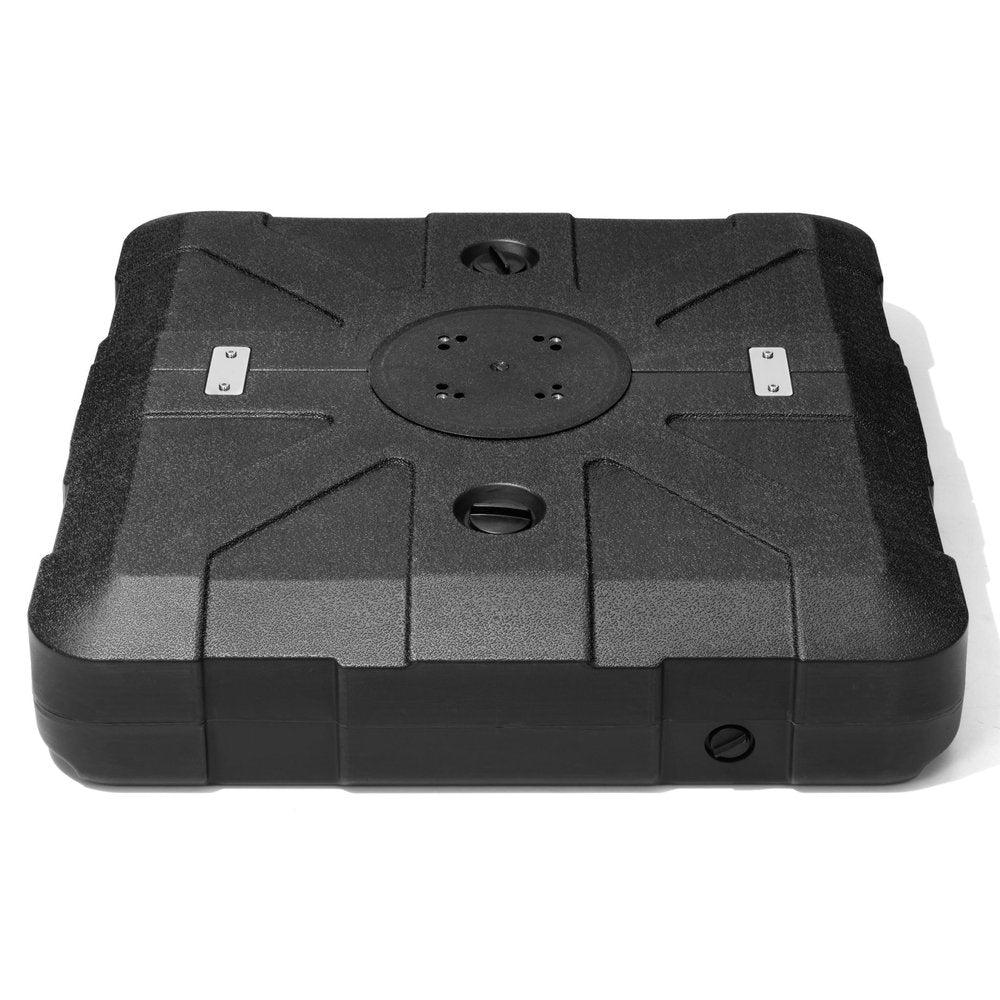 Black heavy duty plastic umbrella base with wheels on a white background.