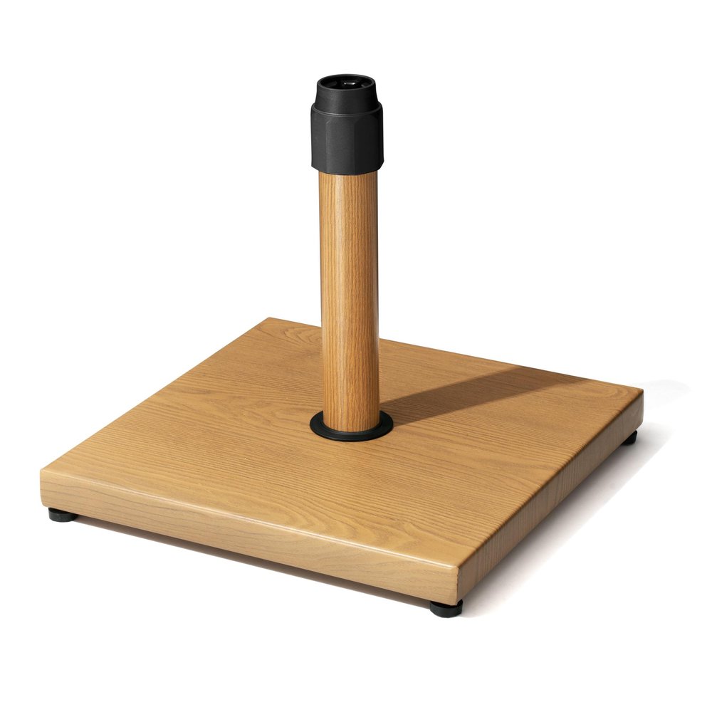 Square wooden umbrella base with black plastic top and four black feet on a white background.