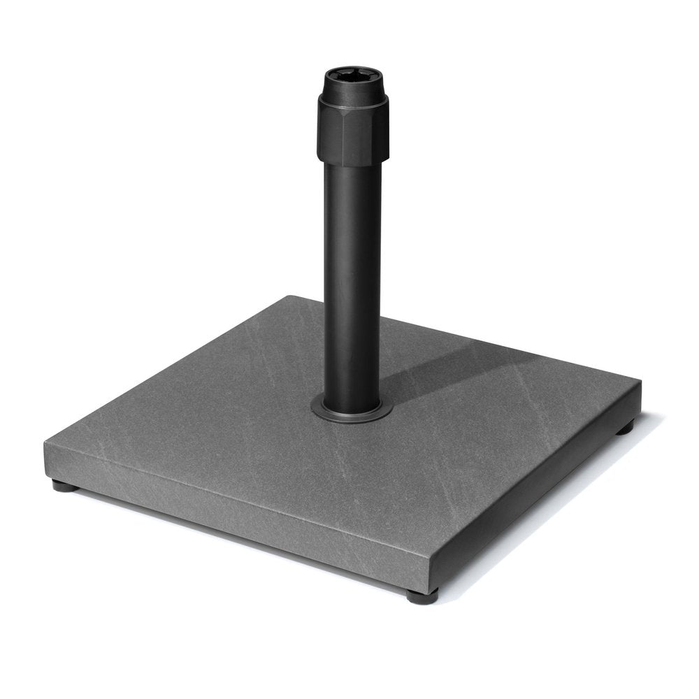 Square gray market umbrella base with black steel pole on a white background.