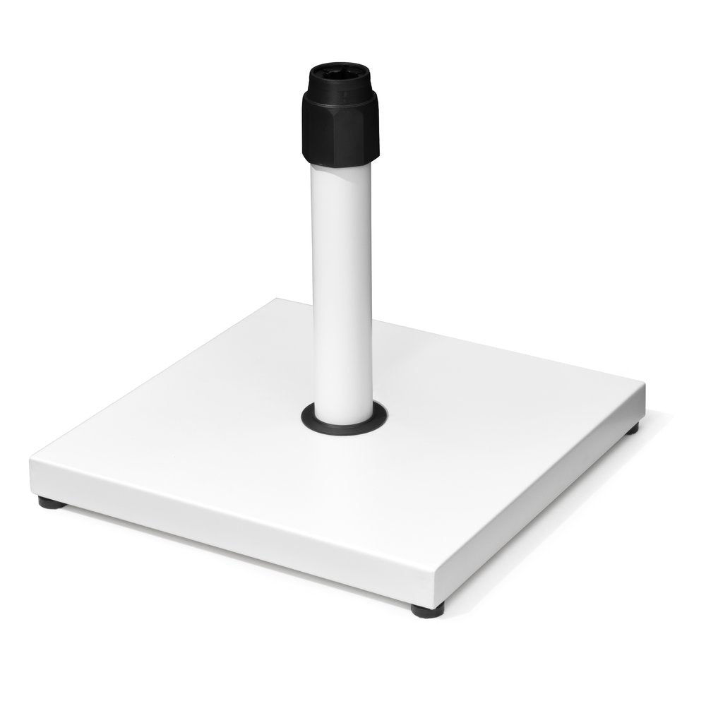 White square steel market umbrella base with a black adjustable pole holder on a white background.