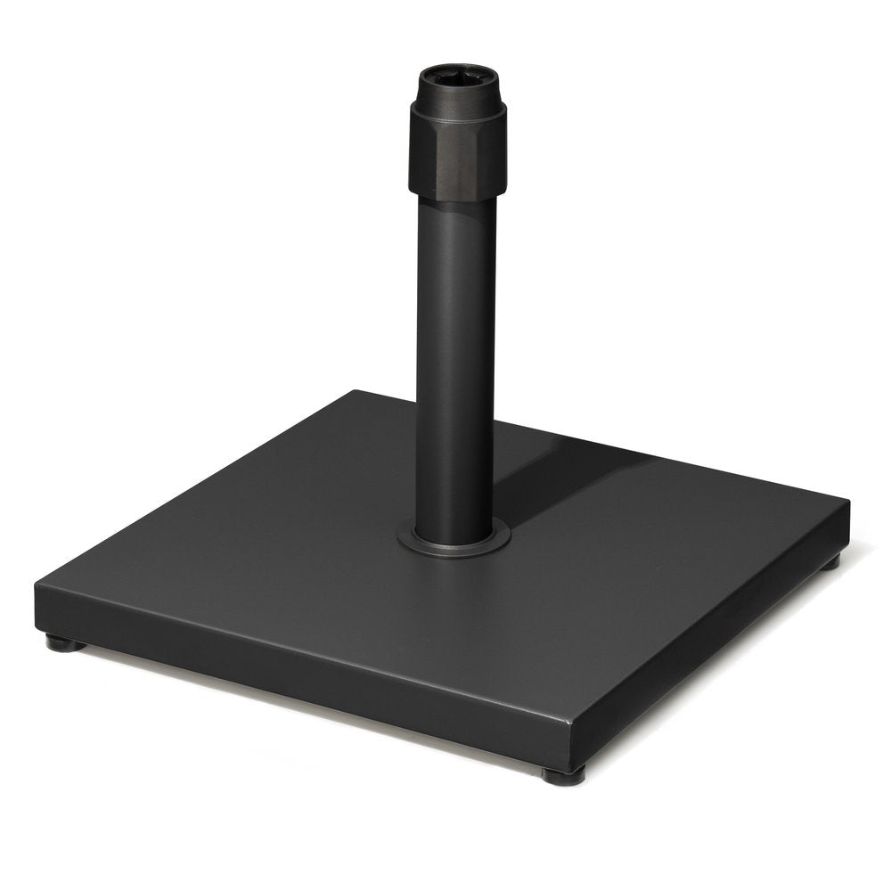 Black steel market umbrella base with adjustable pole holder on a white background.
