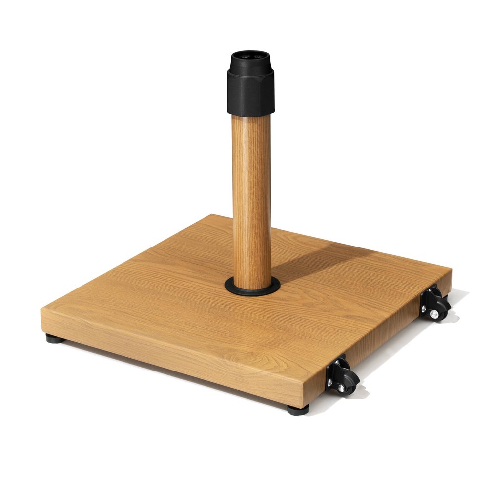 Square light brown wood-finish umbrella base with a central pole and black wheels on a white background.